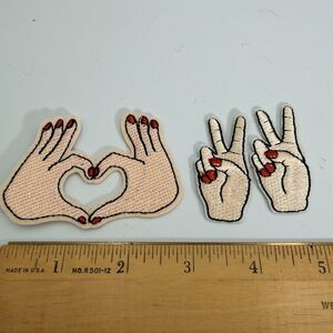 Heart Hands & Peace Sign Embroidered Iron On Patches Set 3pc Red Nails